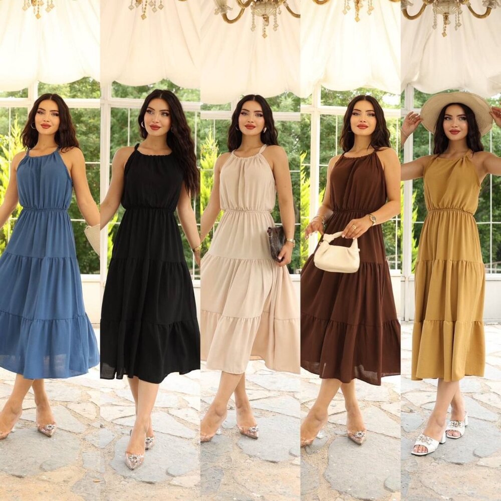 Stylish Tiered Midi Dress With Lace- up Neck in Various Colors - S, M, L, XL